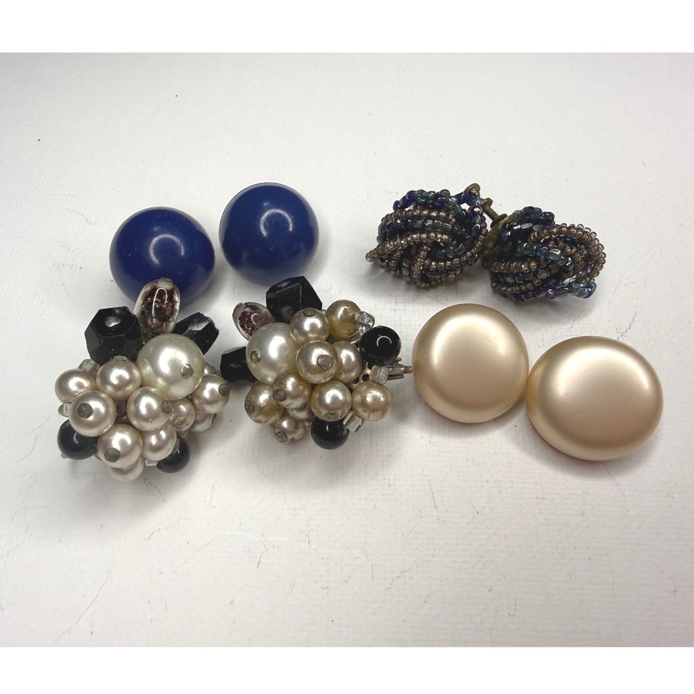 Vintage Clip On Earrings Lot of 4 Collectible Jewelry Beaded & Domed